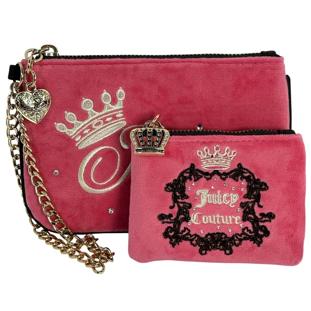 Juicy‎ Couture Pink Velour Pouch Set Wristlet Coin Purse Rhinestone Crown Logo